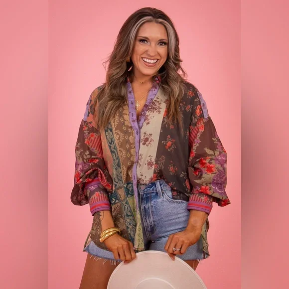 Free People We The Free Patchwork Floral Button Down Blouse Boho Cottagecore  XS - Picture 3 of 14